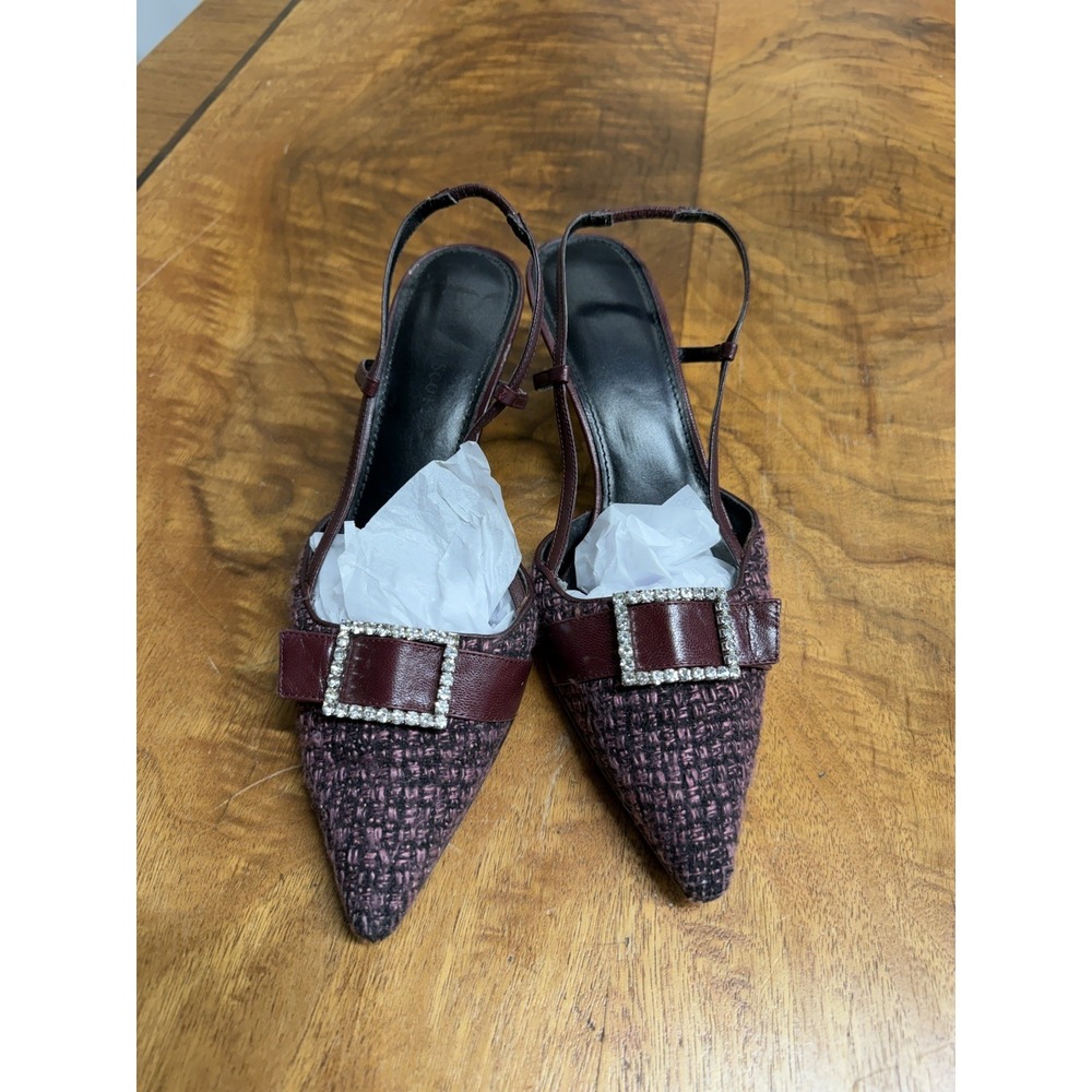 Vtg 90s Y2K Karen Scott 8 Purple Tweed Pointed Toe Rhinestone Kitten Mule Heels